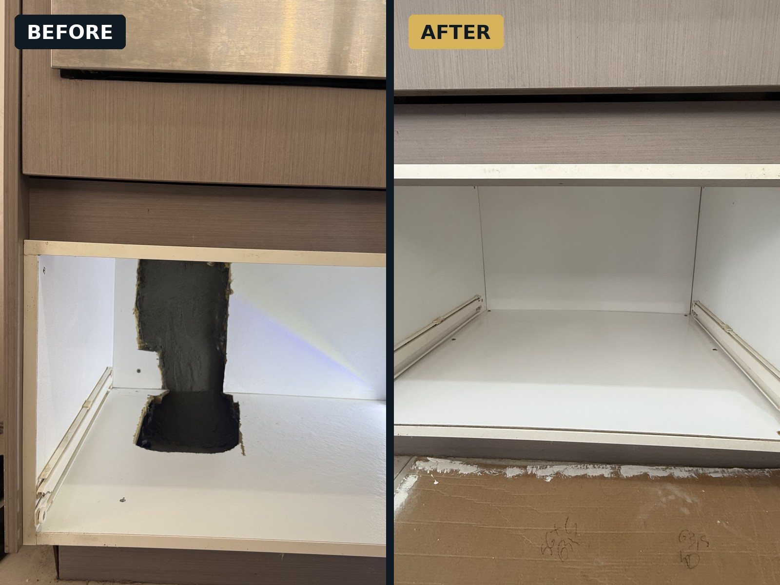 Before and after repair and make-good work