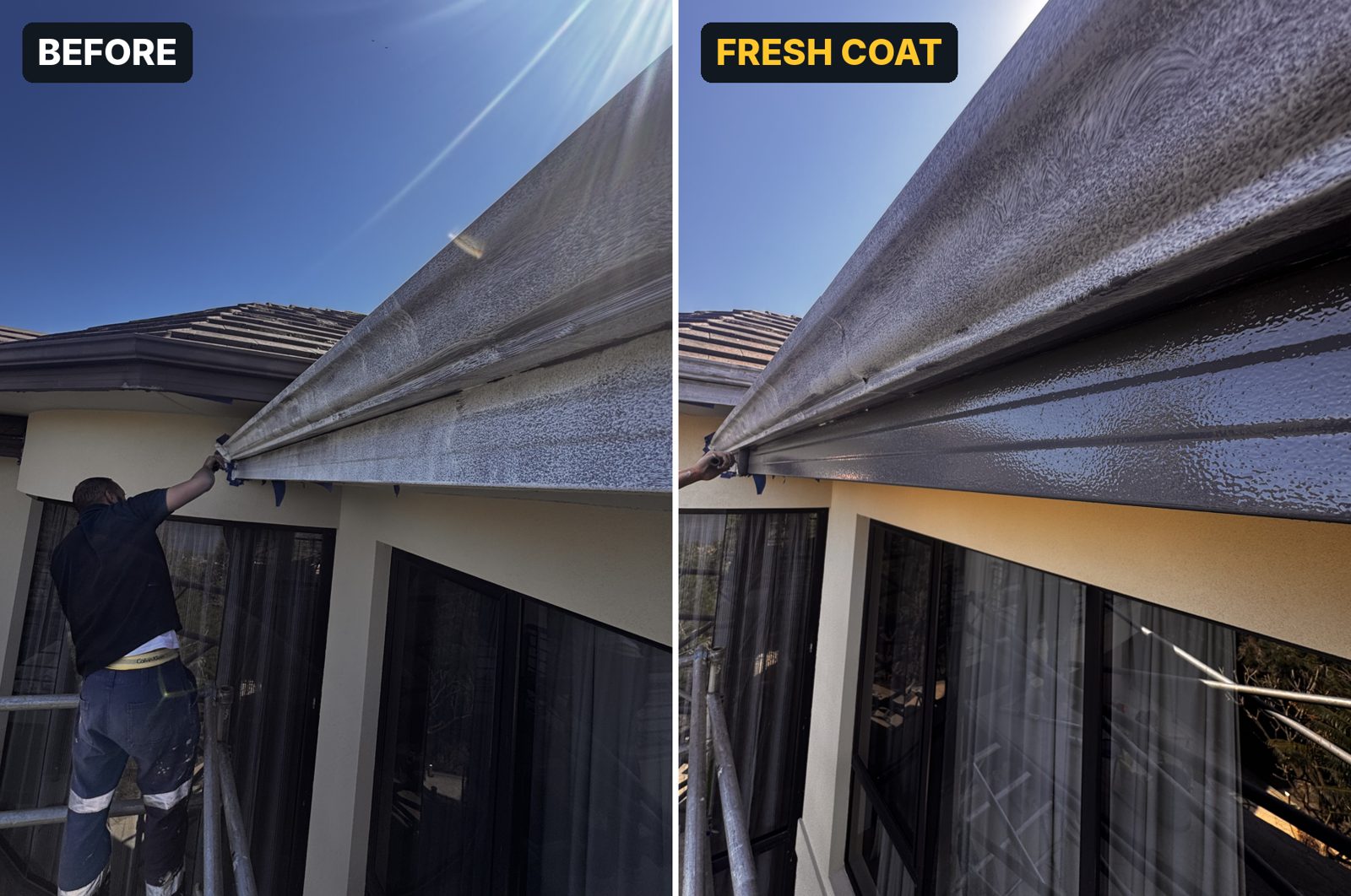 Gutter and fascia painting before and fresh coat in Perth