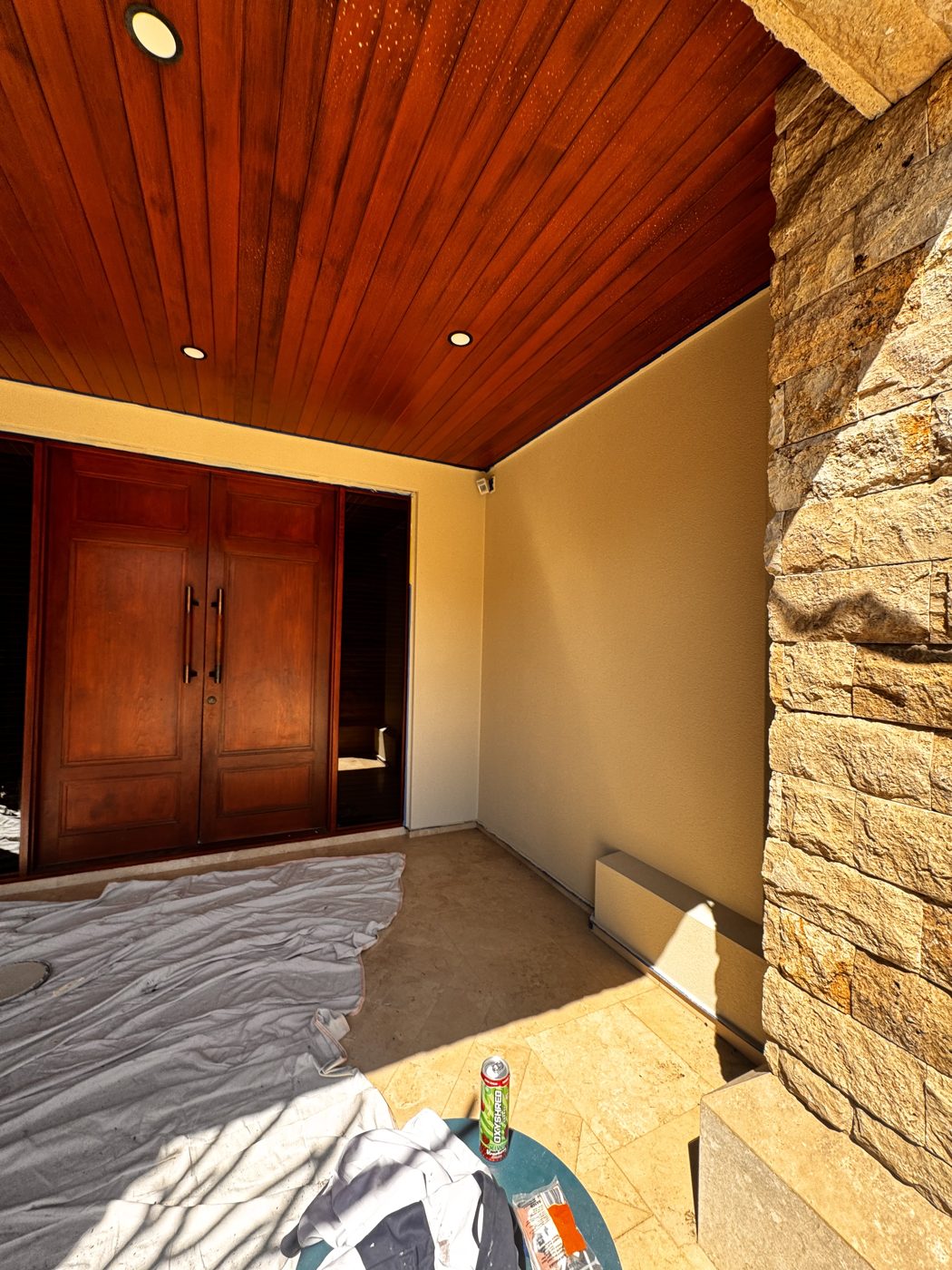 Timber double entry doors prepared for a refinish